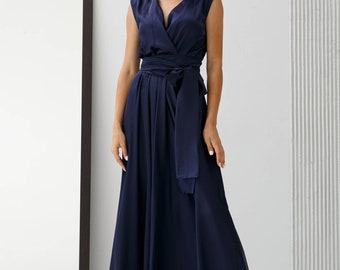 Navy blue Mother Of The Bride Dress Satin Sleeveless Maxi Wrap Dress Bridesmaid Dress Wedding Guest Dress Maxi Boho Dress Autumn Fall Dress