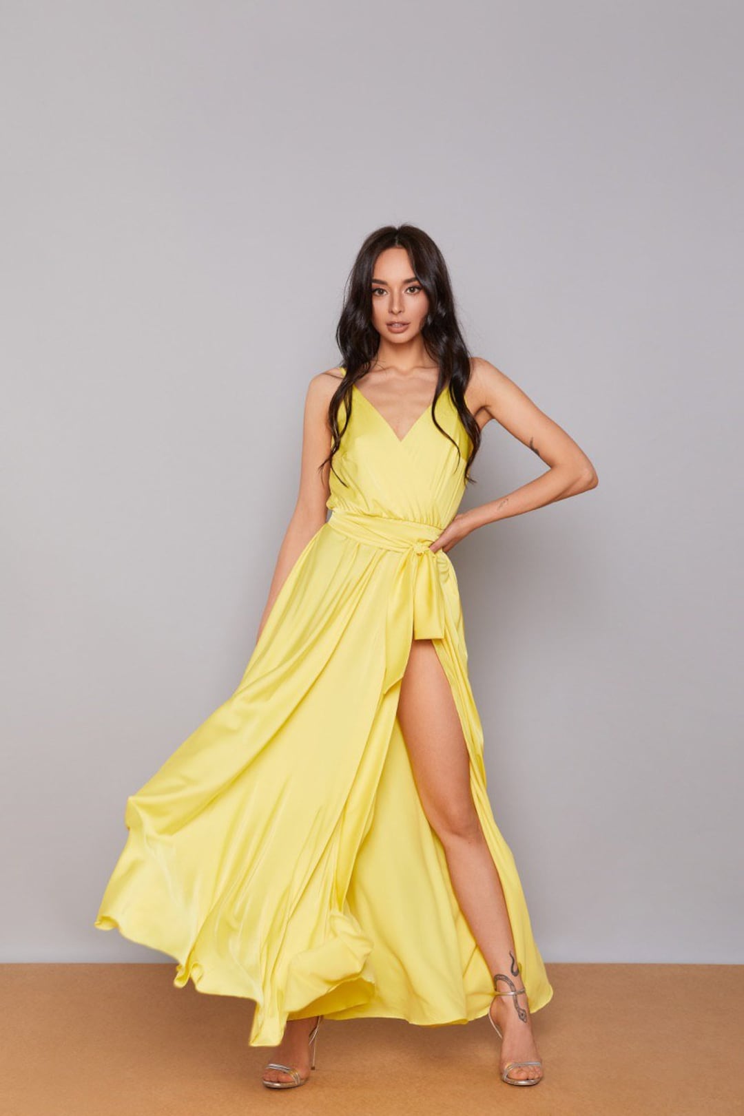 Yellow Satin Maxi Wrap Prom Dress, Bridesmaid Dress, Summer Boho Beach