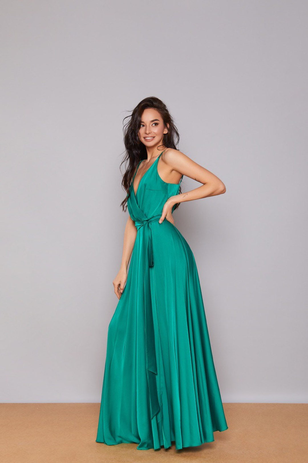 Green Silk Maxi Wrap Dress, Bridesmaid Dress, Satin Maxi Wrap Dress