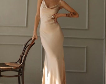 Champagne silk maxi slip dress, Bridesmaid dress, Satin maxi slip dress, Formal dress, Wedding guest dress, Cowl neck dress