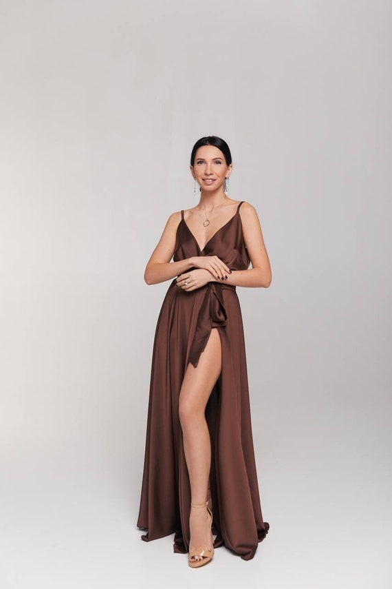 Brown Satin Maxi Slip Dress, Bridesmaid Dress, Satin Maxi Slip Dress,  Formal Dress, Wedding Guest Dress, Cami Slip Dress, Simple Dress -   Canada