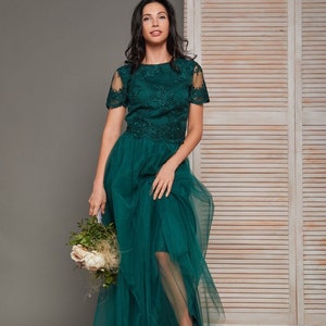 Emerald Green Tulle Maxi Dress Bridesmaid Dress Tulle Evening Gown Wedding Guest Dress Lace Formal Dress Beach Boho Dress Long Prom Dress