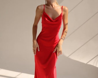 Red silk maxi slip dress, Bridesmaid dress, Satin maxi slip dress, Formal dress, Wedding guest dress, Cowl neck dress