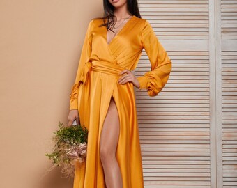 Mustard Silk Midi Wrap Dress Bridesmaid Dress Wedding Guest Dress Mother Of The Bride Dress Satin Long Sleeve Dress Autumn Fall Dress