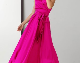 Hot Pink Silk Sleeveless Maxi Wrap Dress Bridesmaid Dress Wedding Guest Dress Maxi Boho Formal Evening Dress Minimalist Autumn Fall Dress