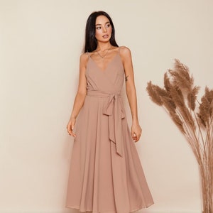 Sand beige chiffon midi wrap dress/ wedding guest dress/ bridesmaid dress/ chiffon midi formal dress/ sleevelees dress/ summer dress