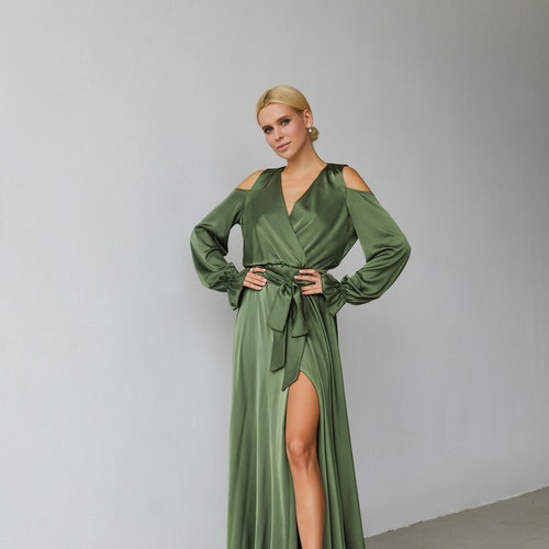 formal wrap dress for wedding Cappuccino Satin With Flutter Sleeves This dress in softly draping with a V Blush Silk Maxi Wrap Dress/