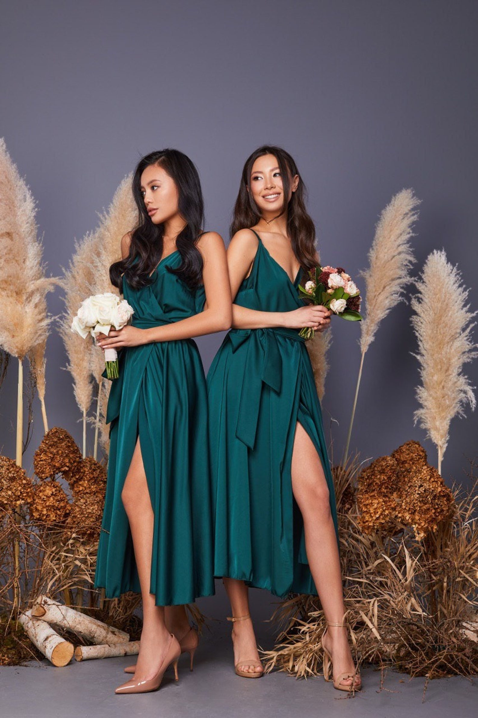 Emerald Green Satin Midi Wrap Dress/ Emerald Green Bridesmaid Etsy UK