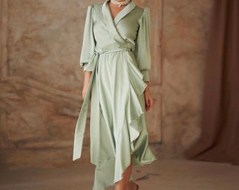 Sage Green Satin Long Sleeve Ruffle Asymmetric Hem Silk Midi Wrap Dress Wedding Guest Dress Bridesmaid Dress Summer Boho Dress Formal Dress