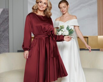 Burgundy Mother Of The Bride Dress Satin Long Sleeve Formal Dress Wedding Guest Dress Evening Dress Silk Midi Dress Modest Formal Dress