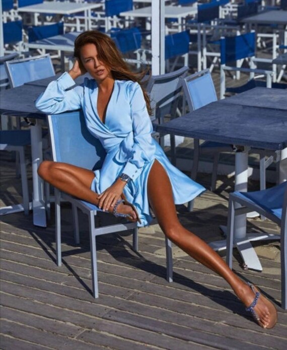 Light blue silk dress cheap short