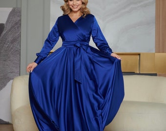 Royal Blue Mother Of The Bride Satin Long Sleeve Dress Wedding Guest Dress Evening Dress Silk Maxi Wrap Dress Beach Boho Dress Formal Dress