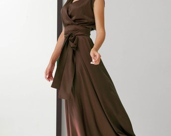 Chocolate Brown Bridesmaid Dress Wedding Guest Dress Satin Silk Maxi Wrap Dress Boho Formal Evening Dress Minimalist Autumn Fall Dress