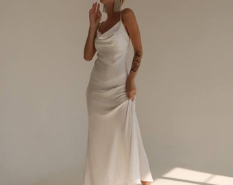 White silk maxi slip dress, Bridesmaid dress, Satin maxi slip dress, Formal dress, Wedding guest dress, Cowl neck dress