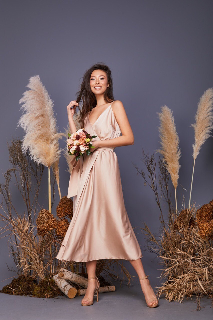Champagne Satin Midi Wrap Dress Bridesmaid Dress Silk Summer Dress