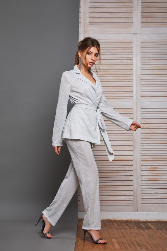 Silver Sparkly Women's Pantsuit Formal Pantsuit Straight Leg Trouser Suit  Blazer Elegant Trouser Suit Set for Women Wedding Guest Outfit 