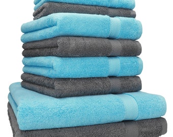 Betz 10-tlg. Handtuch-Set PREMIUM 100%Baumwolle 2 Duschtücher 4 Handtücher 2 Gästetücher 2 Waschhandschuhe Farbe türkis & anthrazit