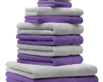 Betz 10-tlg. Handtuch-Set PREMIUM 100%Baumwolle 2 Duschtücher 4 Handtücher 2 Gästetücher 2 Waschhandschuhe Farbe silbergrau & lila
