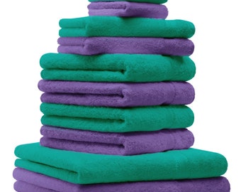 Betz 10-tlg. Handtuch-Set PREMIUM 100%Baumwolle 2 Duschtücher 4 Handtücher 2 Gästetücher 2 Waschhandschuhe Farbe smaragd grün & lila
