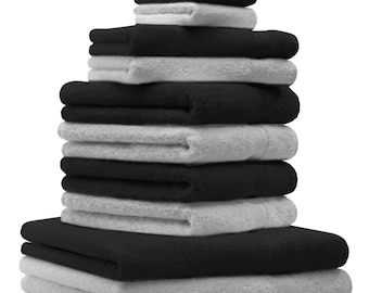 Betz 10-tlg. Handtuch-Set PREMIUM 100%Baumwolle 2 Duschtücher 4 Handtücher 2 Gästetücher 2 Waschhandschuhe Farbe silbergrau & schwarz