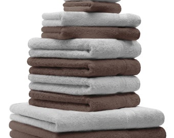 Betz 10-tlg. Handtuch-Set PREMIUM 100%Baumwolle 2 Duschtücher 4 Handtücher 2 Gästetücher 2 Waschhandschuhe Farbe silbergrau & nuss
