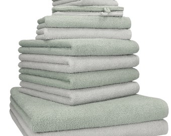 Betz 12 tlg. Handtuch Set BERLIN Liegetücher  Handtücher  Gästetücher  Seiftücher und  Waschhandschuhe Farbe jade - silbergrau