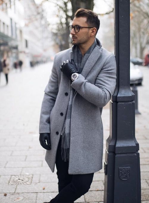 Charcoal Grey Overcoat Topcoat With Fur Collar in Cashmere and Wool Fabric  