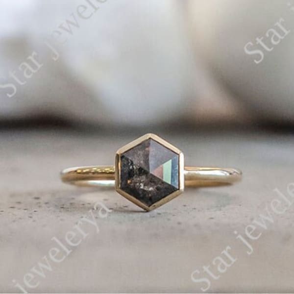 Hexagon Cut Salt & Pepper Moissanite Ring - Bezel Setting Engagement Ring -Tiny Minimalist Moissanite Diamond Ring - Promise Day Gift.