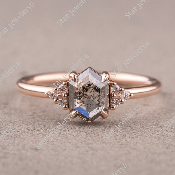 Hexagon Cut Engagement Ring - Salt And Pepper Moissanite Ring - 14k Rose Gold - Cluster Setting - Hexagon Diamond Ring - Anniversary Gift.