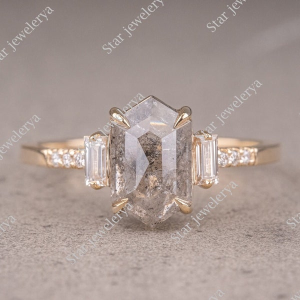 Salt And Pepper Moissanite Ring - Hexagon Cut Engagement Ring - 10k Yellow Gold - Natural Grey Salt Pepper - Unique Promise Ring for Her.
