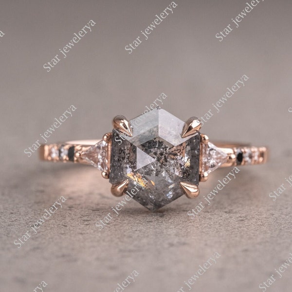 Vintage Hexagon Cut Moissanite Salt Pepper Diamond Engagement Ring, Unique 14K Rose Gold Trilogy With Pave Setting Wedding Promise Ring Gift