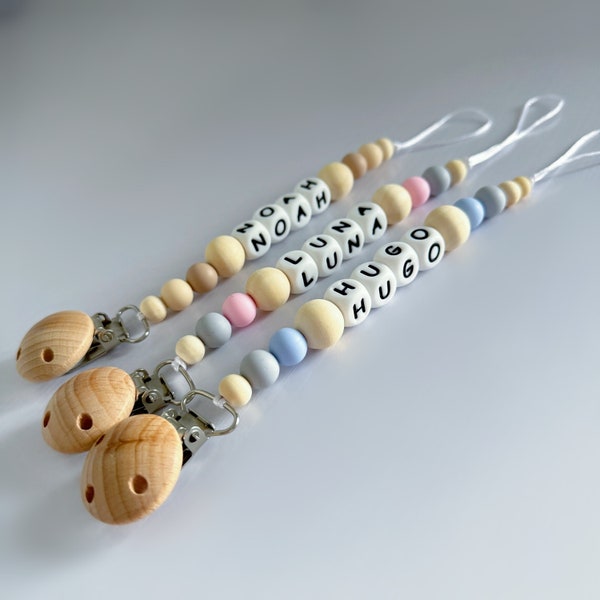 Personalised silicone wooden dummy clip | First dummy chain | Baby girl boy gift | Newborn