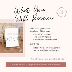 Może przedstawiać: Makieta zaproszenia lub karty w rozmiarze 5x7 cali z pozłacanym ramą i białym tłem, umieszczona na plecionym podłożu. Tekst "What You Will Receive" jest napisany czarnym kursywą nad makietą. Tekst "LHY FLOWER STUDIO CO" jest napisany czarnym kolorem pod makietą. Tekst "MOCK UP" jest napisany czarnym kolorem pod tekstem "LHY FLOWER STUDIO CO". Tekst "1x PSD File (Photoshop) with Smart Object Layer" jest napisany czarnym kolorem pod makietą. Tekst "Width: 3000 pixels" jest napisany czarnym kolorem pod tekstem "1x PSD File (Photoshop) with Smart Object Layer". Tekst "Height: 4500 pixels" jest napisany czarnym kolorem pod tekstem "Width: 3000 pixels". Tekst "Resolution: 300 pixels/inch" jest napisany czarnym kolorem pod tekstem "Height: 4500 pixels". Tekst "1x JPG File" jest napisany czarnym kolorem pod tekstem "Resolution: 300 pixels/inch". Tekst "Suitable for a 5x7" invite/card of your own design to be inserted." jest napisany czarnym kolorem pod tekstem "1x JPG File". Tekst "NO physical item will ship to you" jest napisany czarnym kolorem pod tekstem "Suitable for a 5x7" invite/card of your own design to be inserted.". Tekst "Please check listing description for more details" jest napisany czarnym kolorem na brązowym prostokącie pod tekstem "NO physical item will ship to you".