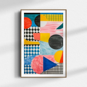 May include: Abstract art print with a collage of geometric shapes in bright colours. The artwork includes circles, squares, and triangles in red, yellow, blue, and black, with checkered and grid patterns. The framed print is displayed on a white wall.
