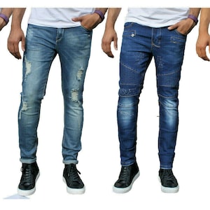 Mens Slim Fit Jeans Denim Branded Distressed Stretchy Pants New Ripped Trousers