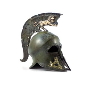 Handcrafted Bronze Warrior Helmet with Lion Detailing - Authentic Historical Replica
