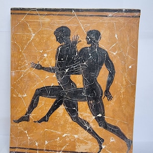 Auténtica ánfora de terracota con diseño de atletas corriendo - Réplica de decoración de pared con calidad de museo