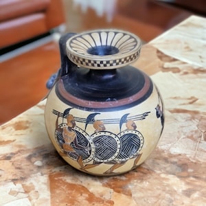 Handcrafted Greek Black-Figure Vase - Ancient Greek Pottery Replica - Archaic Warrior Scene - Unique Ceramic Art - Collectible Home Decor