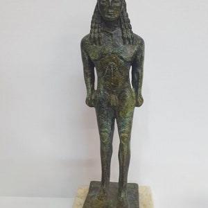 Archaic Greek Kouros - Male Bronze Statue on Marble Base, Ancient Greece Inspired Art