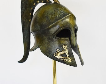 Authentic Spartan Corinthian Helmet - Classic Greek Military Artifact - Premium Marble Base - Ancient Period Collectible