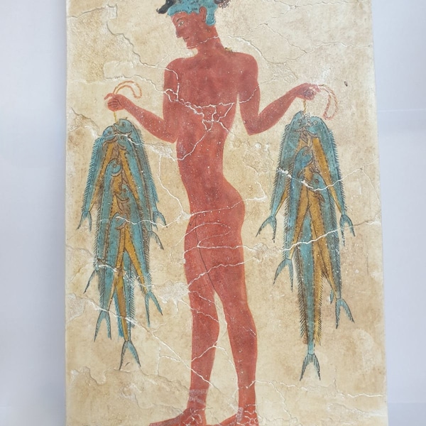 Akrotiri Fisherman Fresco - Authentic Santorini Greek Wall Art, Minoan Cycladic Painting Replica