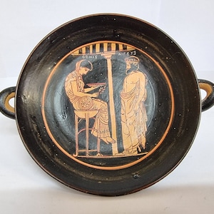 Kylix , Greek Vase , Attic Red figured kylix of Themis and Aegeus, Reproduction from Altes Museum in Berlin