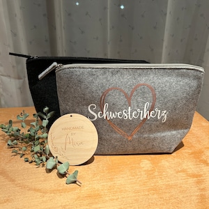 Kosmetiktasche Filztasche Tasche Filz personalisiert grau Anthrazit Schwesterherz Kulturbeutel Beutel