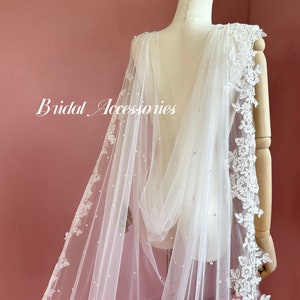 Wedding Cape,Pearl Lace Cloak,Bridal Long Shawl,Shoulder Cape Veil,Wedding Shoulder Rrain,Ivory/White/Black Tulle Cathedral Cloak
