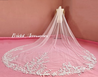 Soft Leaf Lace Wedding Veil,White Cathedral Veil,Lace Edge Veil,Bridal Veil,Classic Veil,Royal Veil,Wedding Gift