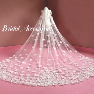 Elegant Wedding Veil,Glitter Bridal Veil,3D Floral Lace Veil,Pearl Floral Lace Veil,Cathedral Veil,Long Veil,White Veil