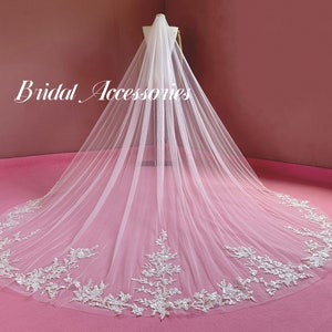 Luxurious Floral Lace Veil,Beaded Lace Bridal Veil,Cathedral Wedding Veil,Sheer Sequined Lace Veil,Wedding Gift