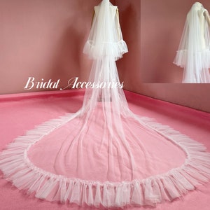 Wedding Ruffled Veil,Bridal Blusher Veil,2 Tier Veil,Ivory Cathedral Veil,Simple Veil,Long Veil,Cover Up Veil,Soft Tulle Veil