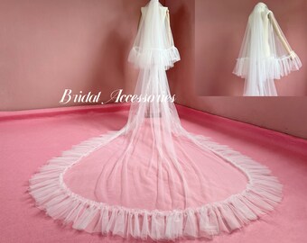Wedding Ruffled Veil,Bridal Blusher Veil,2 Tier Veil,Ivory Cathedral Veil,Simple Veil,Long Veil,Cover Up Veil,Soft Tulle Veil