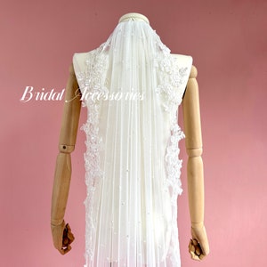 Wedding Pearl Lace Veil,Pearl Bridal Veil,Flower Lace Cathedral Veil,Ivory Veil,1 Tier Veil,Long Chapel Veil,Pearl Veil